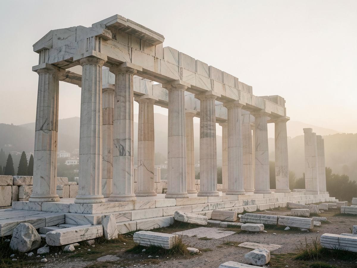 Marble columns of an ancient Greek temple at dawn