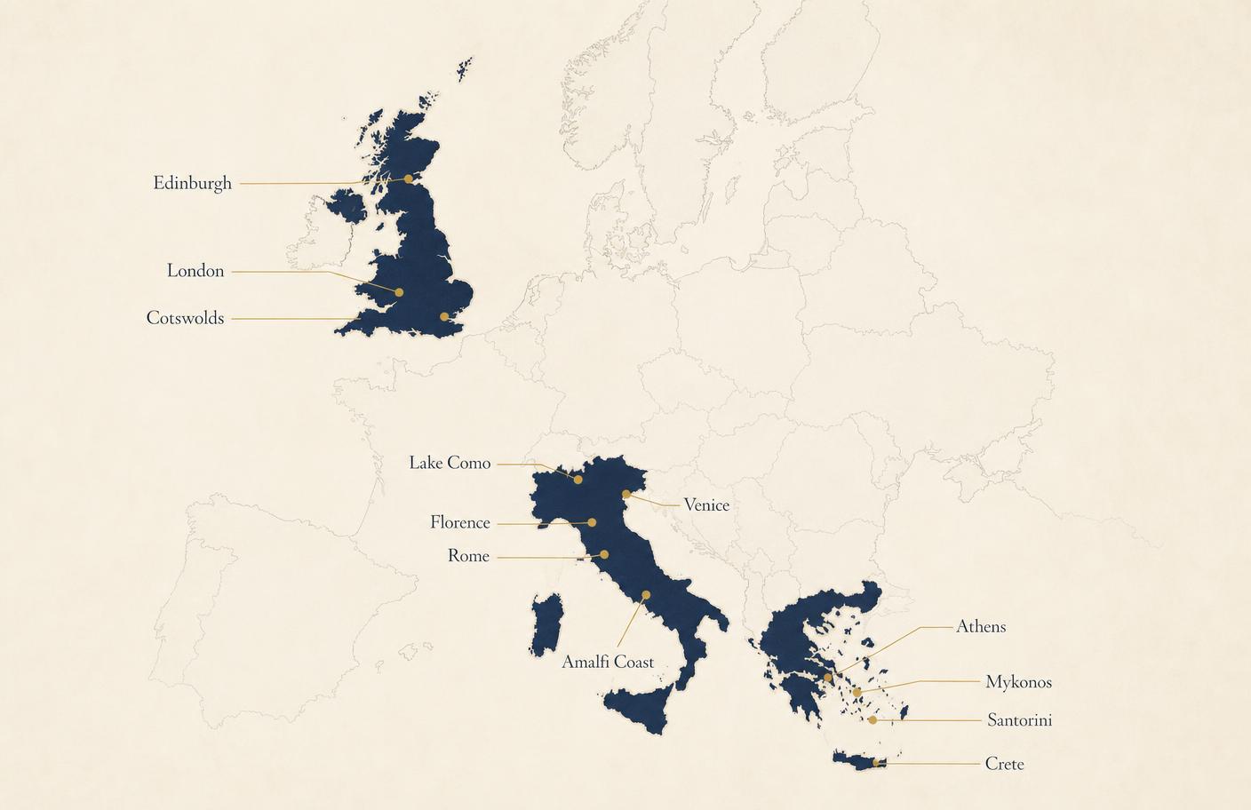 Map of Greece, Italy and the United Kingdom with the key destinations DPH World operates